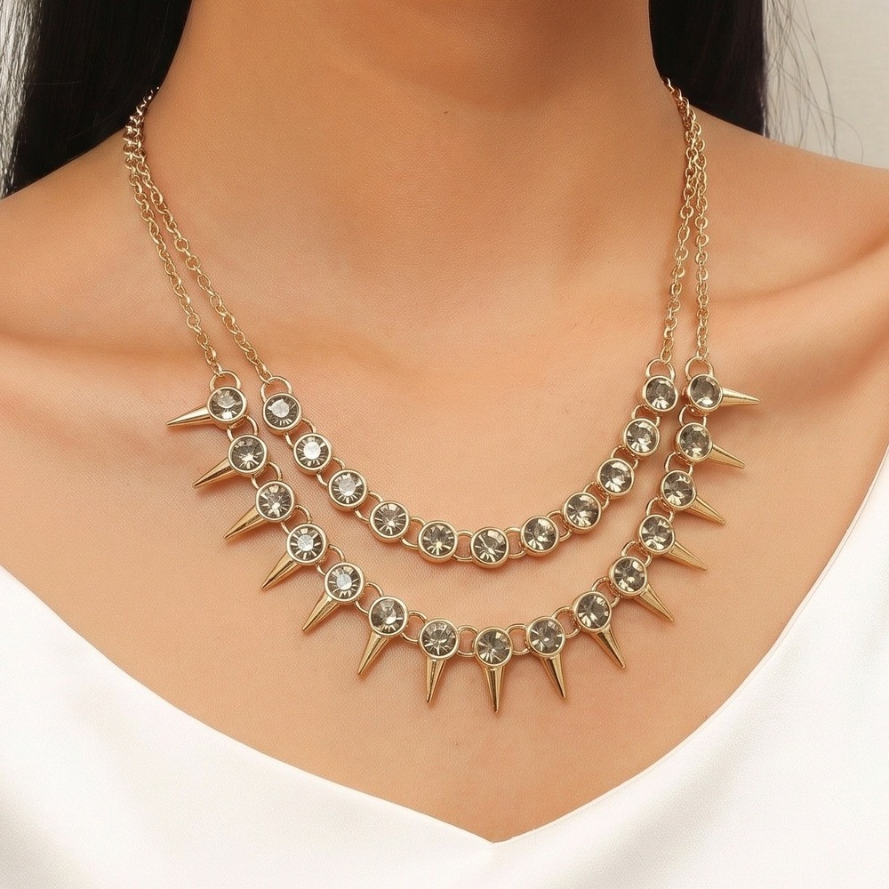 Torrid Statement Necklace Gold Tone Layered Spike Rhinestone Smoky Grey Gems New